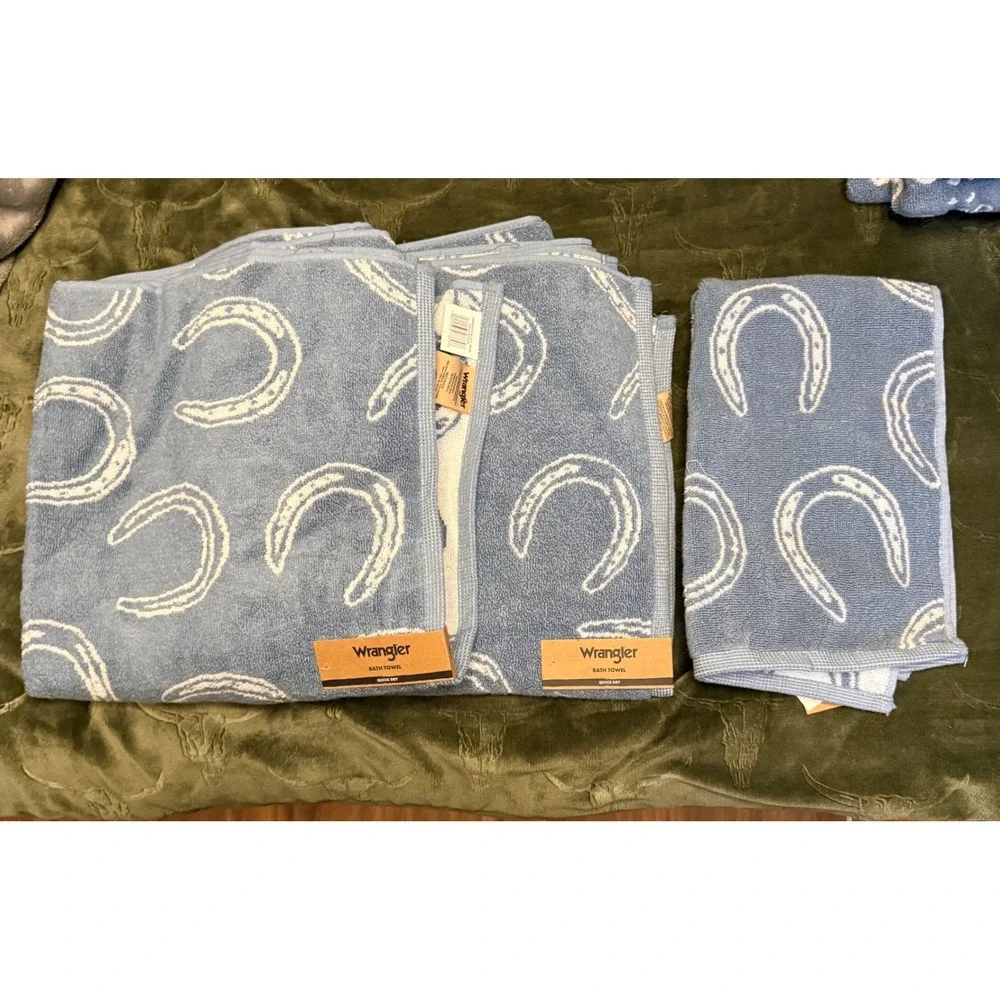 Wrangler Bath Towel Set Unisex OS Blue New Horseshoe Western Cowboy Quick Dry